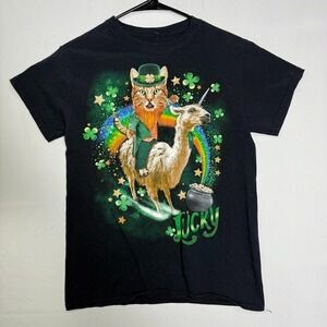 Celebrate! St. Patrick's Day T-Shirt Men's S Black Leprechaun Cat & Llama Rainbo